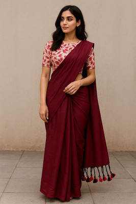 TARAMAACREATION Printed Kalamkari Handloom Pure Cotton Saree(Maroon)