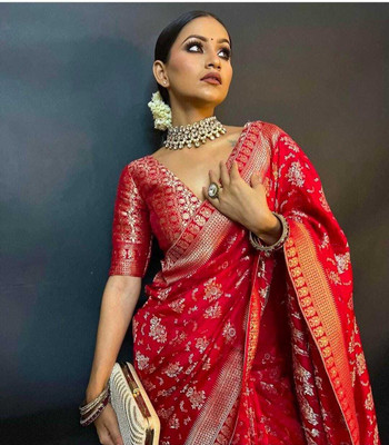 yanish Woven, Floral Print, Self Design Banarasi Cotton Silk Saree(Red)