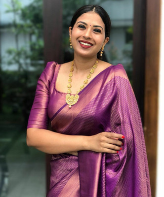 RASVRITI Solid/Plain Kanjivaram Pure Silk, Art Silk Saree(Purple)