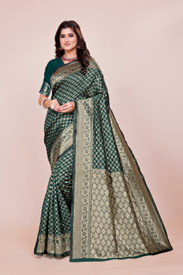 DHAYNAAND REEWA FASHION Embellished Kanjivaram Tussar Silk, Jacquard Saree(Dark Green)