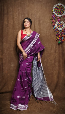 Ganesh plastic and industry Printed Jamdani Cotton Blend Saree(Purple)