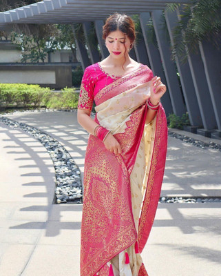 Spetila Woven, Floral Print Kanjivaram Silk Blend, Jacquard Saree(White)