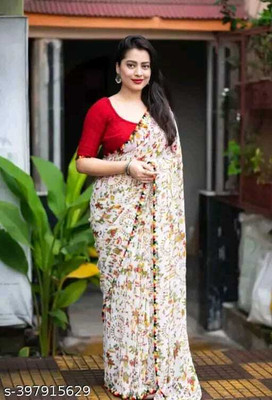 MB Shopee Printed Kalamkari Georgette Saree(White)
