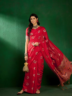 Suha Woven Banarasi Silk Blend Saree(Red)