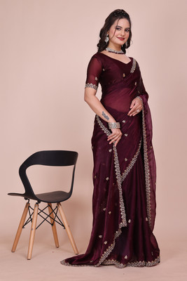 saanvi Solid/Plain, Self Design, Embroidered Bollywood Jimmy choo, Chiffon Saree(Purple)