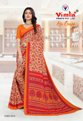 Vimla Floral Print Daily Wear Crepe Saree(Cream, Orange)