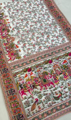 WILLMAKE Printed, Applique, Embellished, Floral Print, Woven Bollywood Cotton Linen Saree(White)