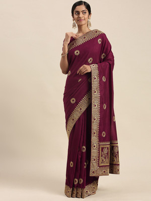 Sareemall Embroidered Daily Wear Silk Blend Saree(Purple)