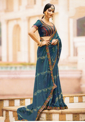 Aruma Floral Print Bollywood Linen Saree(Blue)