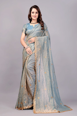 PATTARI Embroidered, Solid/Plain Bollywood Net Saree(Light Blue)