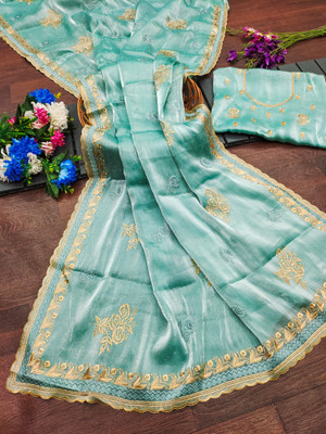 Keshav Creation Embroidered Bollywood Jimmy choo Saree(Light Blue)