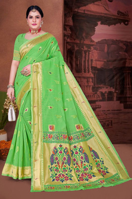 sarees Striped, Woven Paithani Silk Blend Saree(Green)