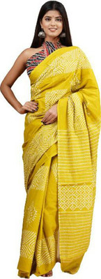Tropwear Printed Ikkat Pure Cotton Saree(Yellow)