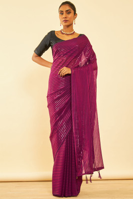 soch Striped Bollywood Chiffon Saree(Purple)