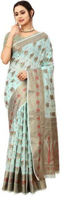 HouseOfCommon Woven Bollywood Jacquard, Pure Cotton Saree(Light Blue)