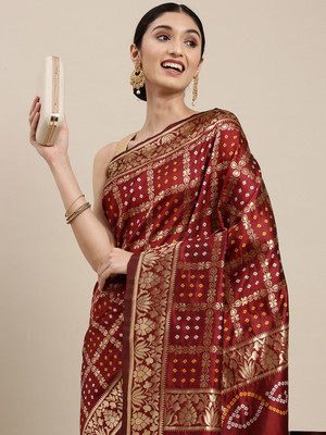 Tasrika Self Design Bandhani Silk Blend Saree(Maroon)
