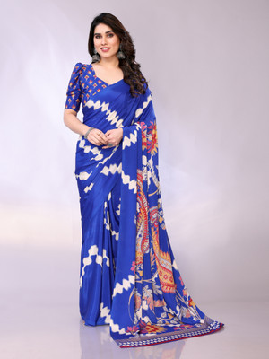 FABMORA Digital Print Leheria Silk Blend, Crepe Saree(Dark Blue)