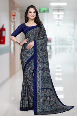 KONICA FAB Printed Daily Wear Crepe Saree(Dark Blue)
