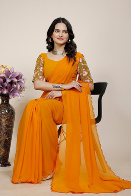SAADHYA CREATION Embroidered, Solid/Plain Bollywood Georgette Saree(Yellow)
