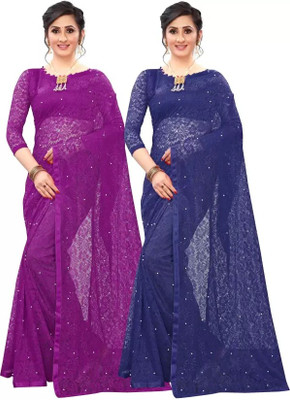 Vragi Paisley Bollywood Net Saree(Pack of 2, Multicolor)