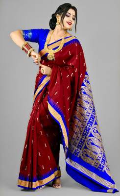 Sijileen Woven, Temple Border Sambalpuri Art Silk Saree(Maroon)