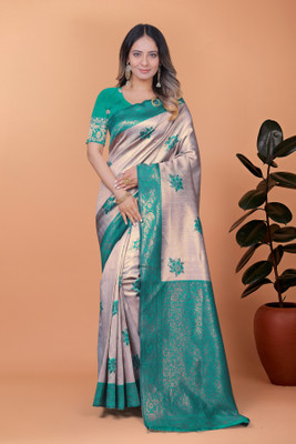TRINETRA STUDIO Embroidered Bollywood Silk Blend Saree(Dark Green, Purple)