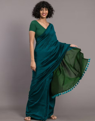 Amita Collections Solid/Plain Daily Wear Pure Cotton Saree(Dark Green, Beige)