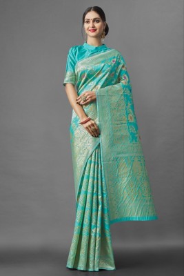 Bayja Floral Print, Woven, Printed, Self Design Banarasi Jacquard, Pure Silk Saree(Light Green)