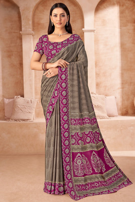 SainiVastra Floral Print Bollywood Crepe Saree(Grey)
