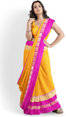 Shruti Bandhani Solid/Plain Narayanpet Cotton Silk Saree(Yellow, Pink)