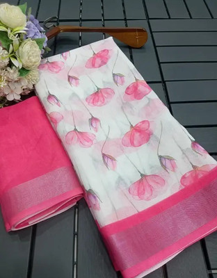 VCREATION Digital Print Bollywood Linen Saree(White)