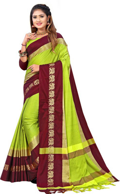 Piyora Self Design Banarasi Cotton Silk Saree(Light Green)