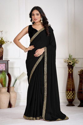 KHODALSARREFRB Solid/Plain, Embellished, Embroidered Bollywood Silk Blend Saree(Black)
