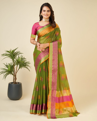 VERAFASHION Self Design, Woven Bollywood Cotton Blend Saree(Light Green)