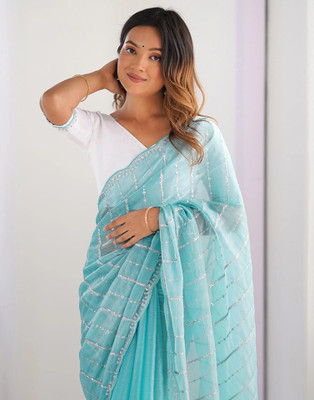Satrani Embroidered, Embellished Bollywood Jimmy choo, Chiffon Saree(Blue)