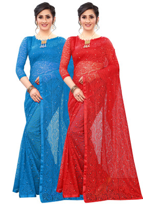 LOROFY Embellished Bollywood Net Saree(Pack of 2, Multicolor)