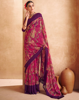 Satrani Printed, Embellished, Woven Bollywood Chiffon, Georgette Saree(Purple, Pink)