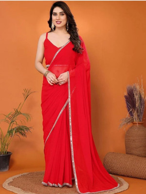BK COLLECTION Solid/Plain Bollywood Georgette Saree(Red)