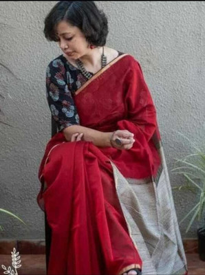 HouseOfCommon Color Block Handloom Pure Silk Saree(Red)