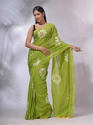 HouseOfCommon Printed Handloom Cotton Blend Saree(Light Green)