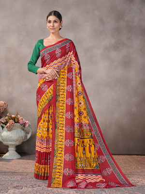 GARDEN VARELI Geometric Print Saree with Attached Blouse Silk Blend Saree(Orange)
