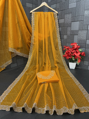 VarniRaaj Fashion Embellished Bollywood Supernet Saree(Gold)