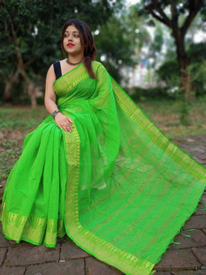 Shree Ethnic Solid/Plain Handloom Cotton Silk Saree(Green)