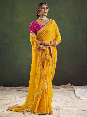 ANOUK Embellished Bollywood Chiffon Saree(Yellow)