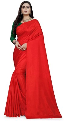 Juhi Collection Solid/Plain Bollywood Silk Blend Saree(Red)