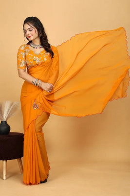 cecollection Solid/Plain Bollywood Georgette Saree(Yellow)