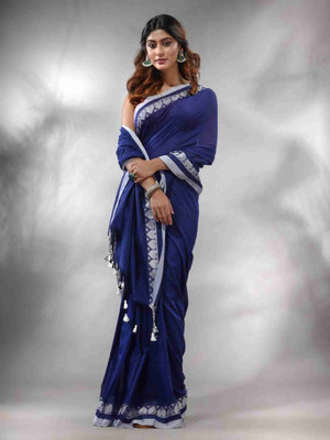 ADbutiq Woven Tant Pure Cotton Saree(Blue)