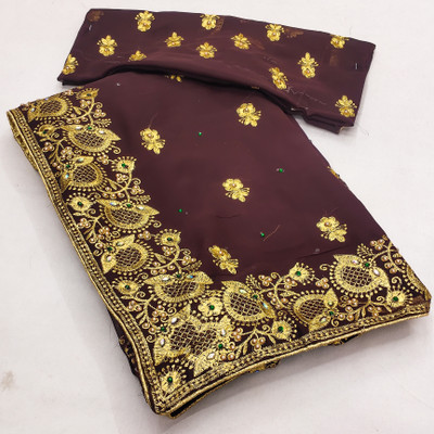 KHRITI FAB Embroidered, Floral Print Bollywood Georgette Saree(Brown)