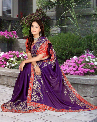 Aksh Fashion Embroidered Bollywood Georgette Saree(Purple)