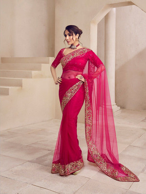 PBITAL Embroidered Bollywood Net Saree(Pink)